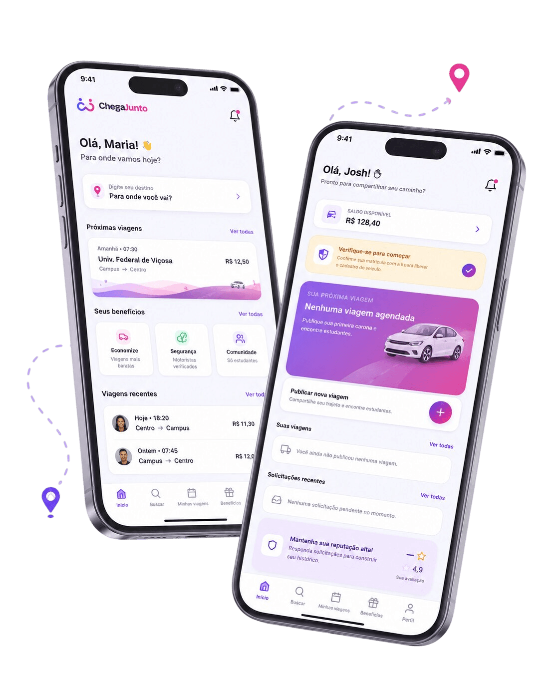 Telas do ChegaJunto: buscar uma carona como passageiro e publicar uma viagem como motorista